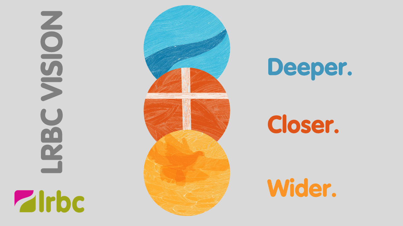 Deeper Closer Wider Vision wording with illustrative circles of baptism water, a cross, and a dove as Holy Spirit